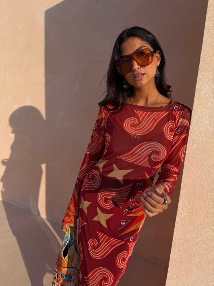 Never Fully Dressed Red Lucy Dress in Kaleidoscope Print - Image 1 of 5 Never Fully Dressed Red Lucy Dress in Kaleidoscope Print - Image 1 of 5