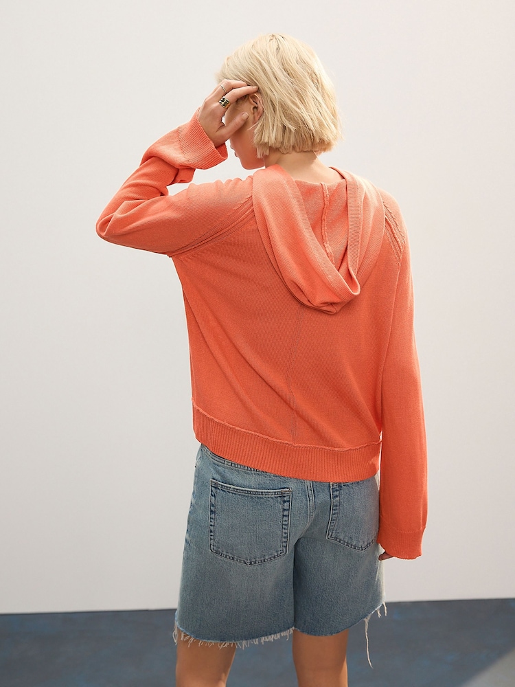 Coral Orange Print Lightweight Knitted Relaxed Hoodie With Linen - Image 2 of 7