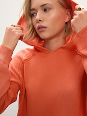 Coral Orange Print Lightweight Knitted Relaxed Hoodie With Linen - Image 4 of 7