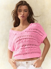 Pink Crochet Stitch V-Neck Short Sleeve 100% Cotton Top - Image 1 of 7
