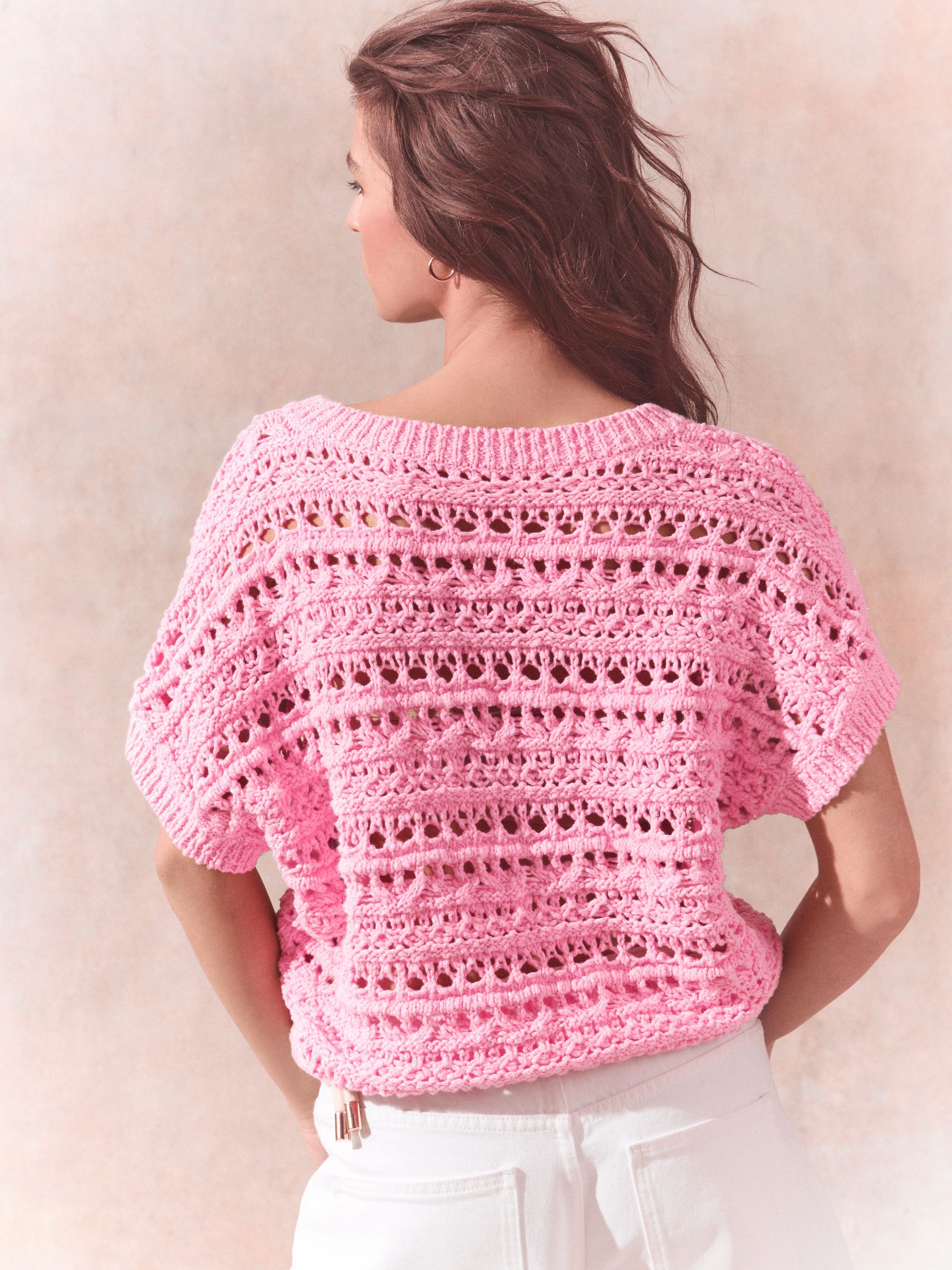 Buy Pink Crochet Stitch V-Neck Short Sleeve 100% Cotton Top from