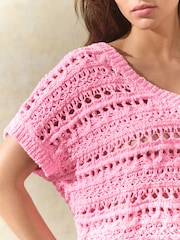 Pink Crochet Stitch V-Neck Short Sleeve 100% Cotton Top - Image 4 of 7