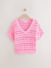 Pink Crochet Stitch V-Neck Short Sleeve 100% Cotton Top - Image 5 of 7