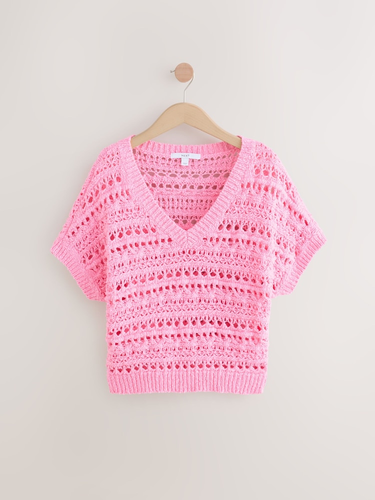 Pink Crochet Stitch V-Neck Short Sleeve 100% Cotton Top - Image 2 of 2