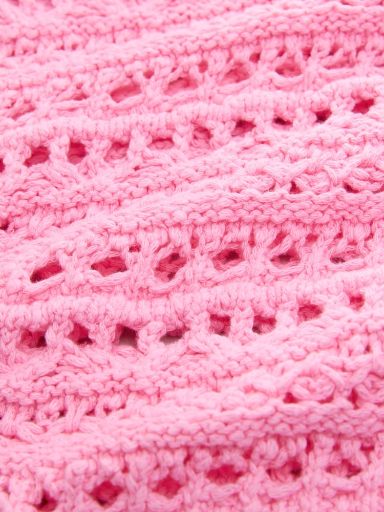 Pink - Crochet Stitch V-Neck Short Sleeve 100% Cotton Top - Image 7 of 7 Pink - Crochet Stitch V-Neck Short Sleeve 100% Cotton Top - Image 7 of 7