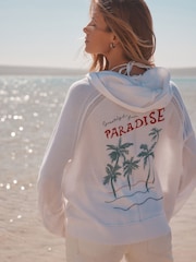 White Paradise Back Graphic Print Lightweight Knitted Relaxed Hoodie With Linen - Image 1 of 9