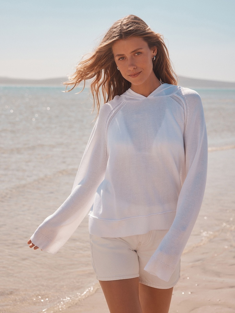 White Paradise Back Graphic Print Lightweight Knitted Relaxed Hoodie With Linen - Image 5 of 5