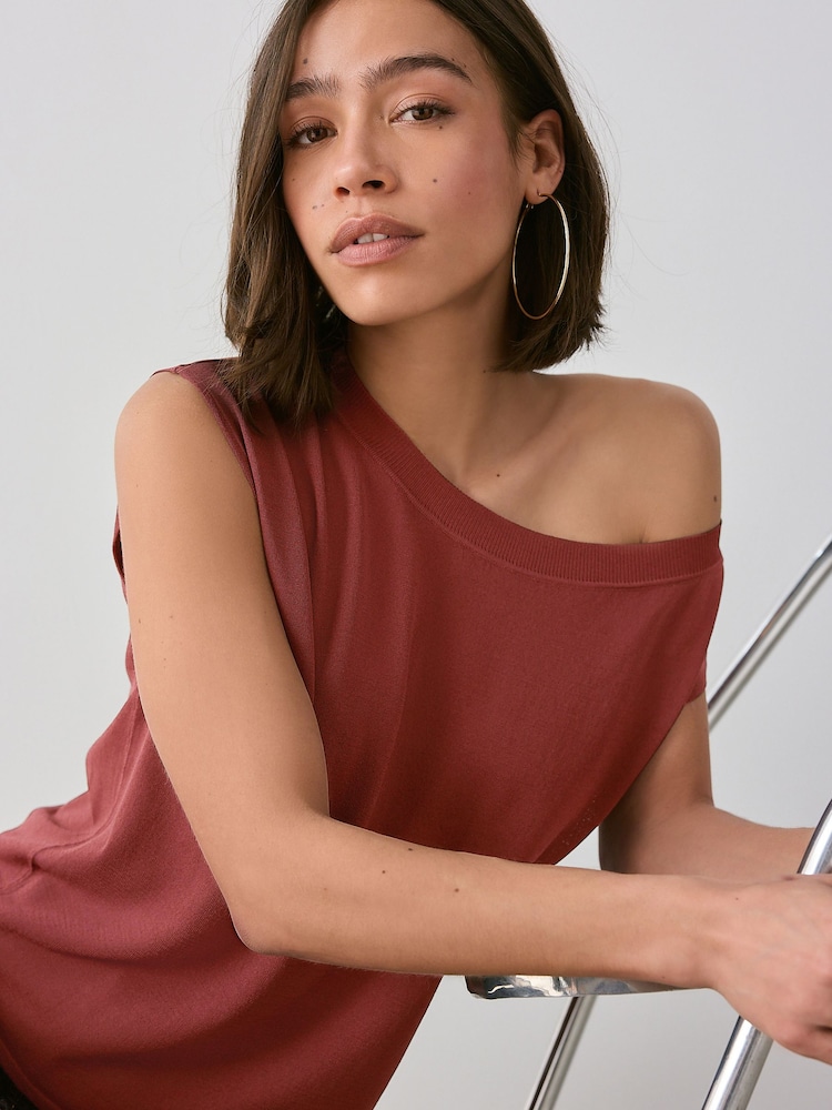 Red Rust Asymmetric Off Shoulder 100% Cotton Knitted Top - Image 1 of 6