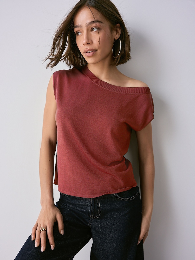 Red Rust Asymmetric Off Shoulder 100% Cotton Knitted Top - Image 2 of 6