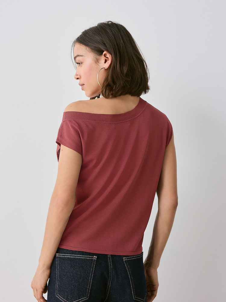 Red Rust Asymmetric Off Shoulder 100% Cotton Knitted Top - Image 3 of 6