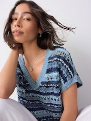 Chambray Blue Crochet Stitch V-Neck Short Sleeve 100% Cotton Top - Image 1 of 8