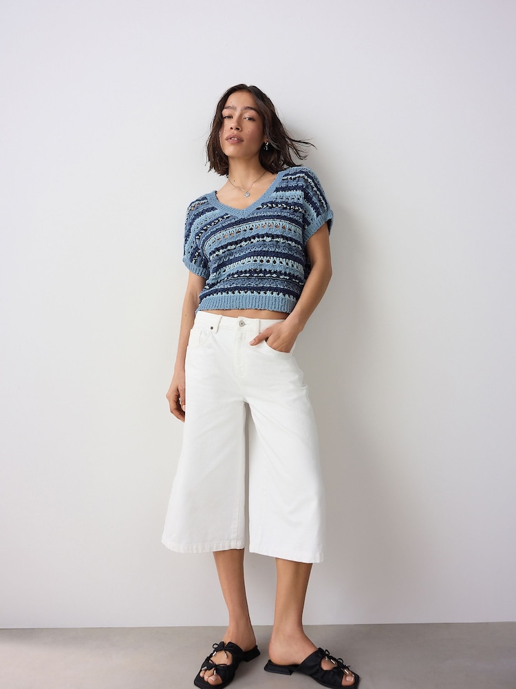 Chambray Blue - Crochet Stitch V-Neck Short Sleeve 100% Cotton Top - Image 2 of 8 Chambray Blue - Crochet Stitch V-Neck Short Sleeve 100% Cotton Top - Image 2 of 8