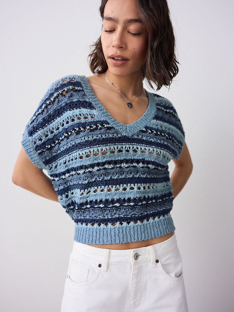 Chambray Blue Crochet Stitch V-Neck Short Sleeve 100% Cotton Top - Image 3 of 8