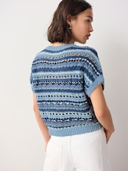 Chambray Blue Crochet Stitch V-Neck Short Sleeve 100% Cotton Top - Image 4 of 8