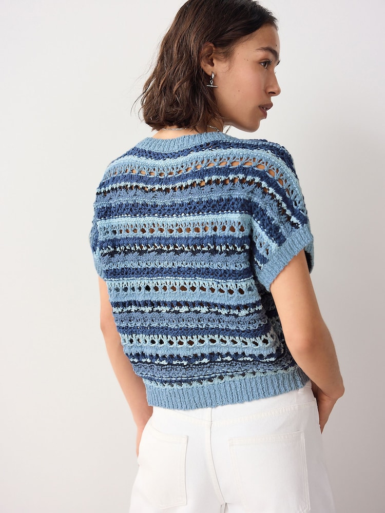 Chambray Blue Crochet Stitch V-Neck Short Sleeve 100% Cotton Top - Image 4 of 8