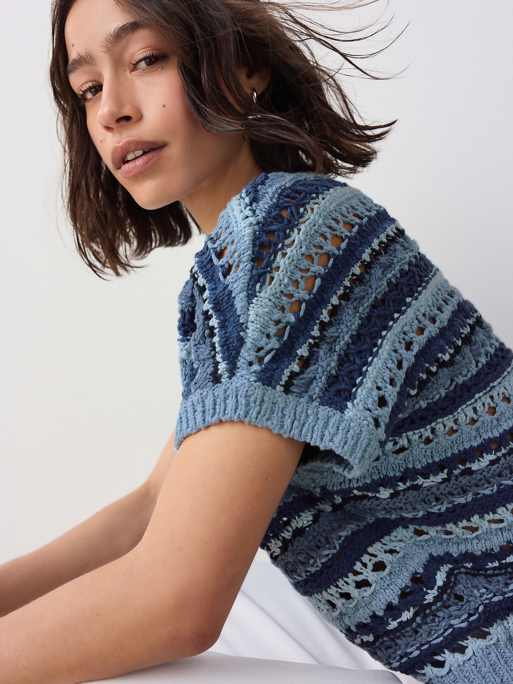 Buy Chambray Blue Crochet Stitch V-Neck Short Sleeve 100% Cotton