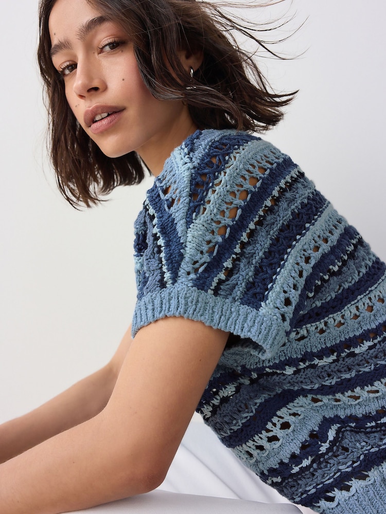 Chambray Blue Crochet Stitch V-Neck Short Sleeve 100% Cotton Top - Image 5 of 8