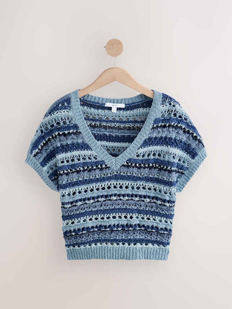 Chambray Blue Crochet Stitch V-Neck Short Sleeve 100% Cotton Top - Image 6 of 8