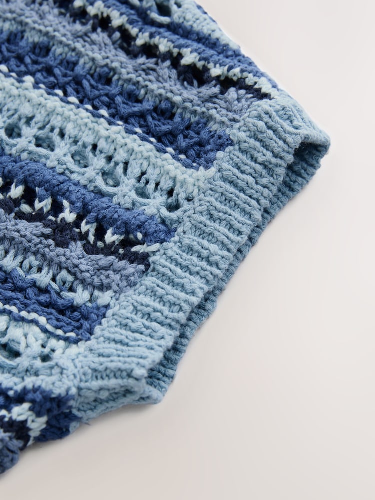 Chambray Blue Crochet Stitch V-Neck Short Sleeve 100% Cotton Top - Image 7 of 8