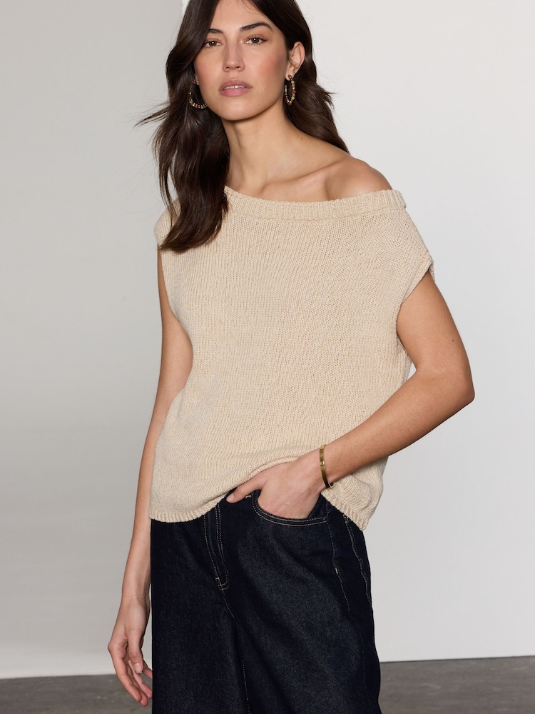 Cream Ecru Asymmetric Off Shoulder 100% Cotton Knitted Top - Image 1 of 8