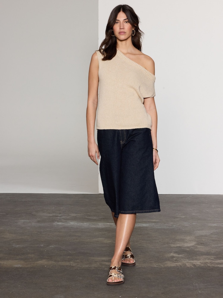 Cream Ecru Asymmetric Off Shoulder 100% Cotton Knitted Top - Image 2 of 8
