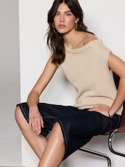 Cream Ecru Asymmetric Off Shoulder 100% Cotton Knitted Top - Image 3 of 8