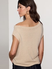 Cream Ecru Asymmetric Off Shoulder 100% Cotton Knitted Top - Image 4 of 8