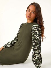 Roman Green Petite 2 in 1 Contrast Print Shift Dress - Image 2 of 5