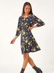 Roman Black Petite Floral Print Gathered Waist Dress - Image 1 of 5