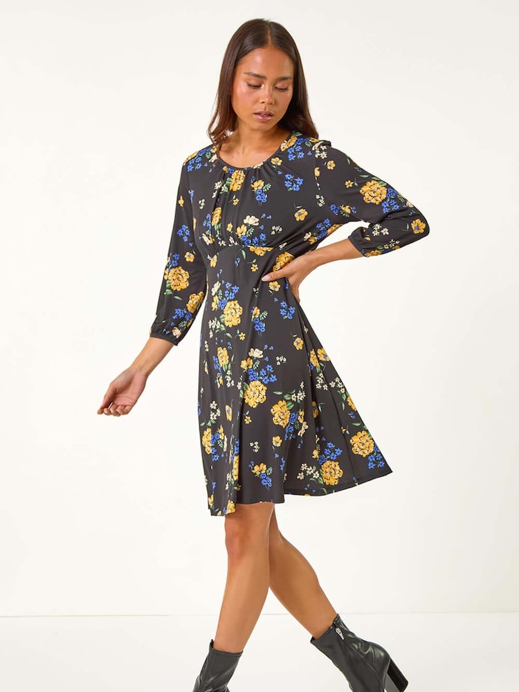 Roman Black Petite Floral Print Gathered Waist Dress - Image 1 of 5