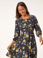 Roman Black Petite Floral Print Gathered Waist Dress - Image 2 of 5