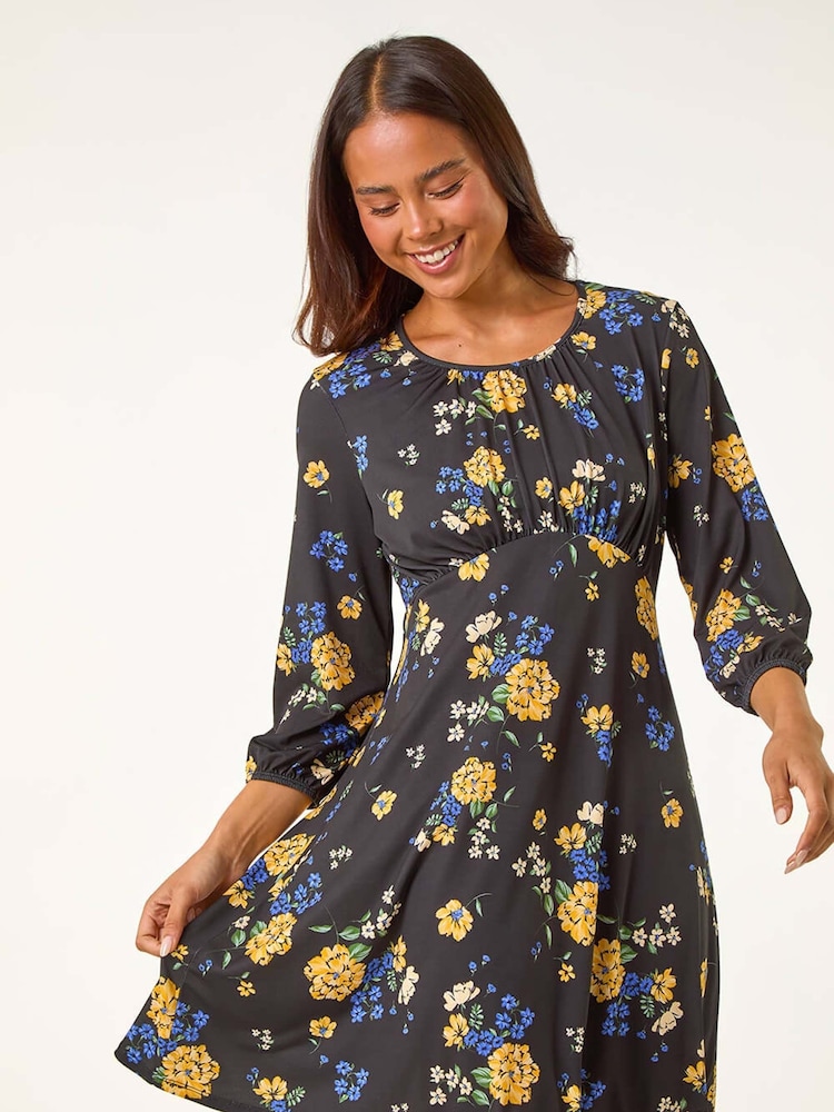 Roman Black Petite Floral Print Gathered Waist Dress - Image 2 of 5