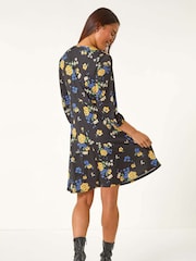 Roman Black Petite Floral Print Gathered Waist Dress - Image 3 of 5