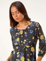 Roman Black Petite Floral Print Gathered Waist Dress - Image 4 of 5