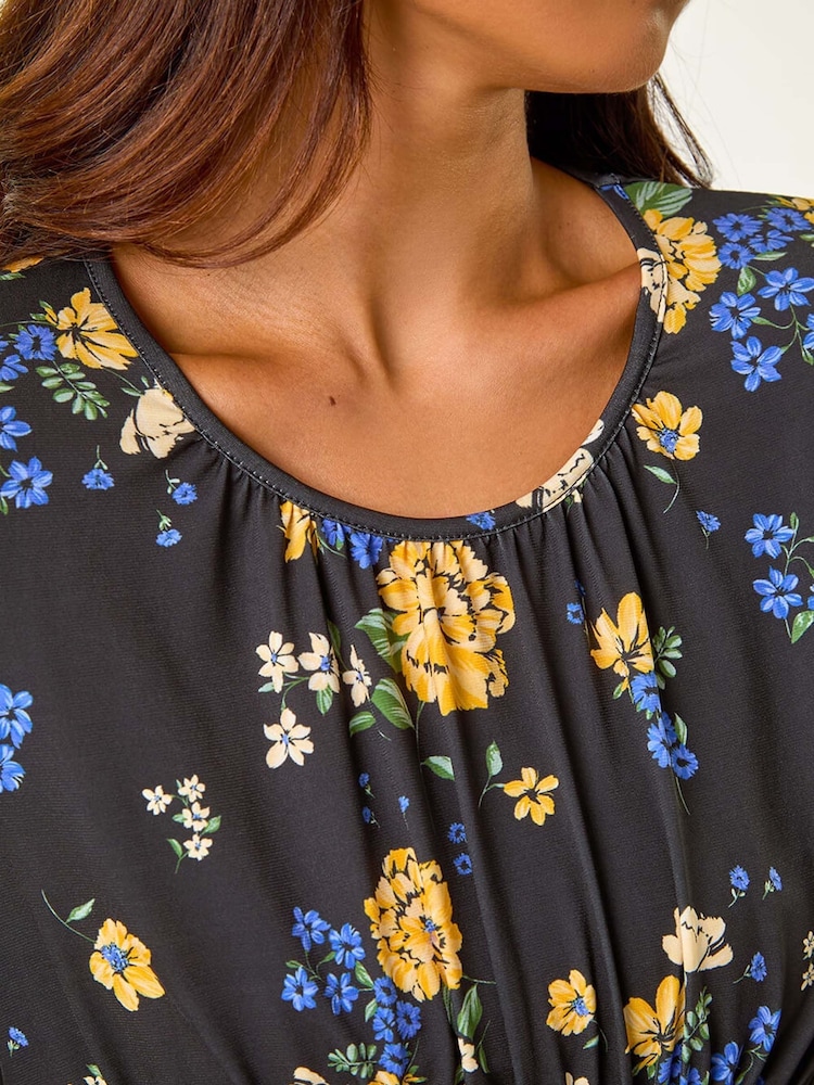 Roman Black Petite Floral Print Gathered Waist Dress - Image 5 of 5