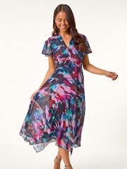 Roman Black Petite Print Twist Front Dobby Midi Dress - Image 1 of 5