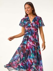 Roman Black Petite Print Twist Front Dobby Midi Dress - Image 4 of 5