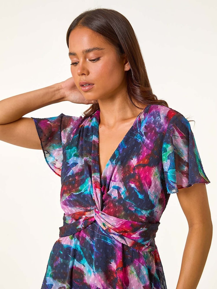 Roman Black Petite Print Twist Front Dobby Midi Dress - Image 5 of 5