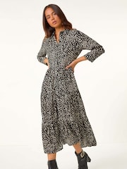 Roman Black Petite Geometric Button Tiered Midi Dress - Image 1 of 5