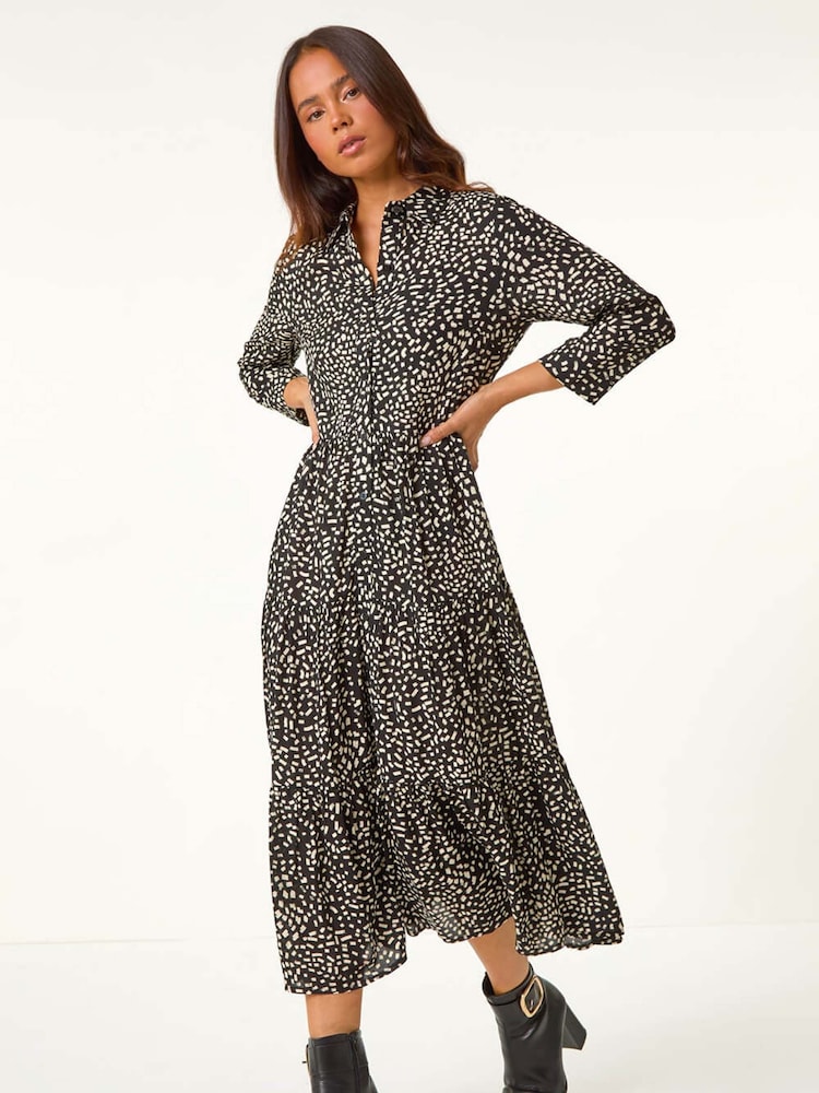 Roman Black Petite Geometric Button Tiered Midi Dress - Image 1 of 5