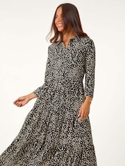 Roman Black Petite Geometric Button Tiered Midi Dress - Image 2 of 5