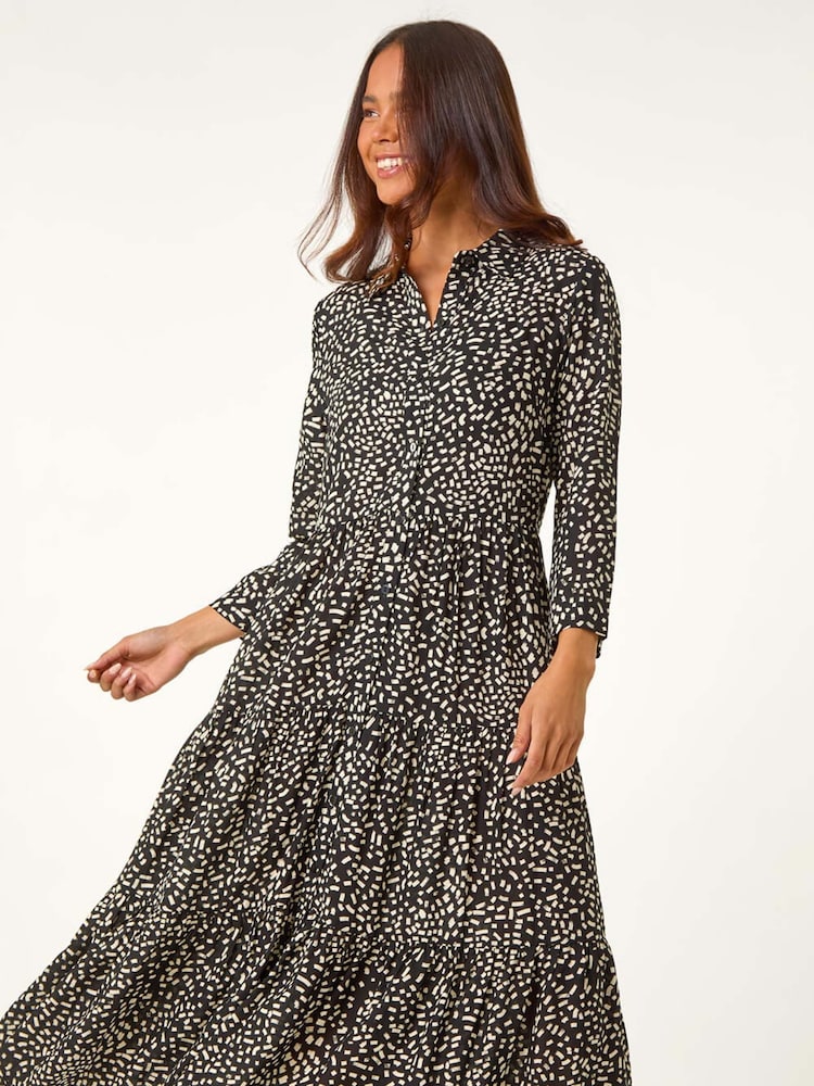 Roman Black Petite Geometric Button Tiered Midi Dress - Image 2 of 5