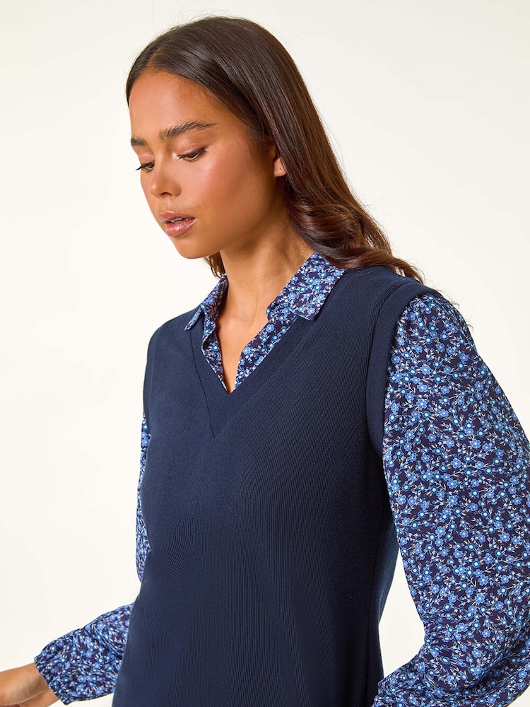 Roman Blue Petite Contrast Bodice Top - Image 1 of 5