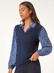 Roman Blue Petite Contrast Bodice Top - Image 4 of 5