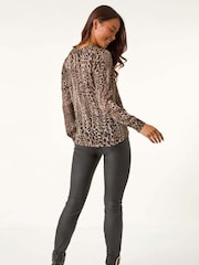 Roman Natural Petite Animal Print Button Up V-Neck Blouse - Image 2 of 5