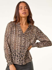 Roman Natural Petite Animal Print Button Up V-Neck Blouse - Image 3 of 5