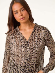 Roman Natural Petite Animal Print Button Up V-Neck Blouse - Image 4 of 5
