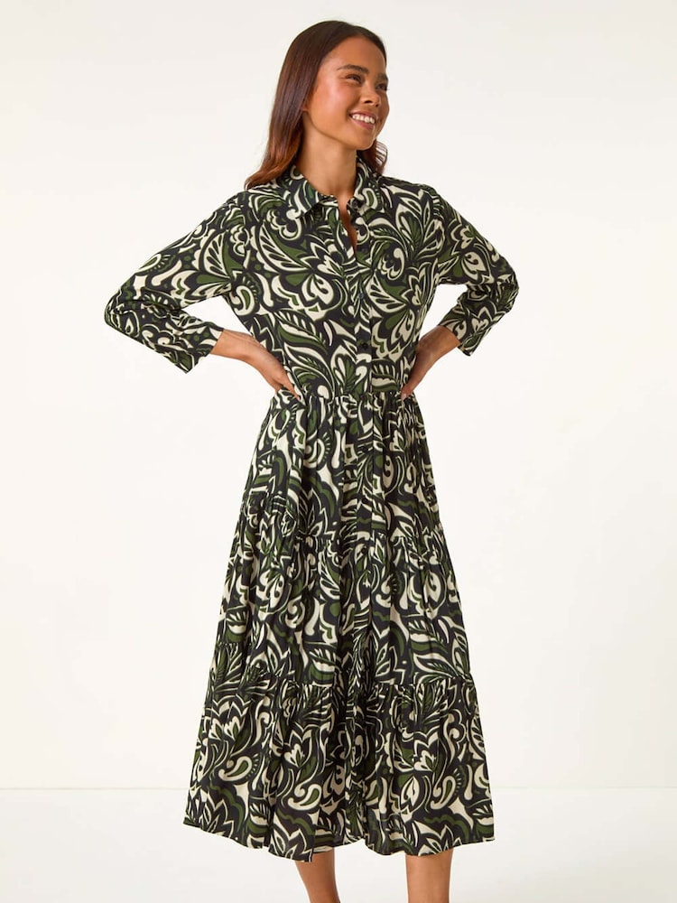 Roman Green Petite Floral Button Tiered Midi Dress - Image 2 of 5