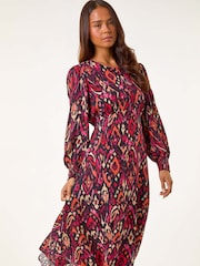 Roman Red Petite Abstract Print Shirred Cuff Midi Dress - Image 1 of 5
