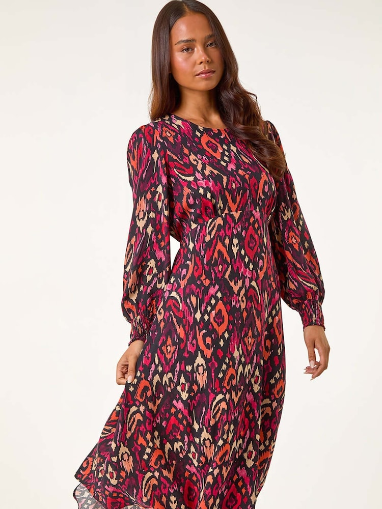 Roman Red Petite Abstract Print Shirred Cuff Midi Dress - Image 1 of 5